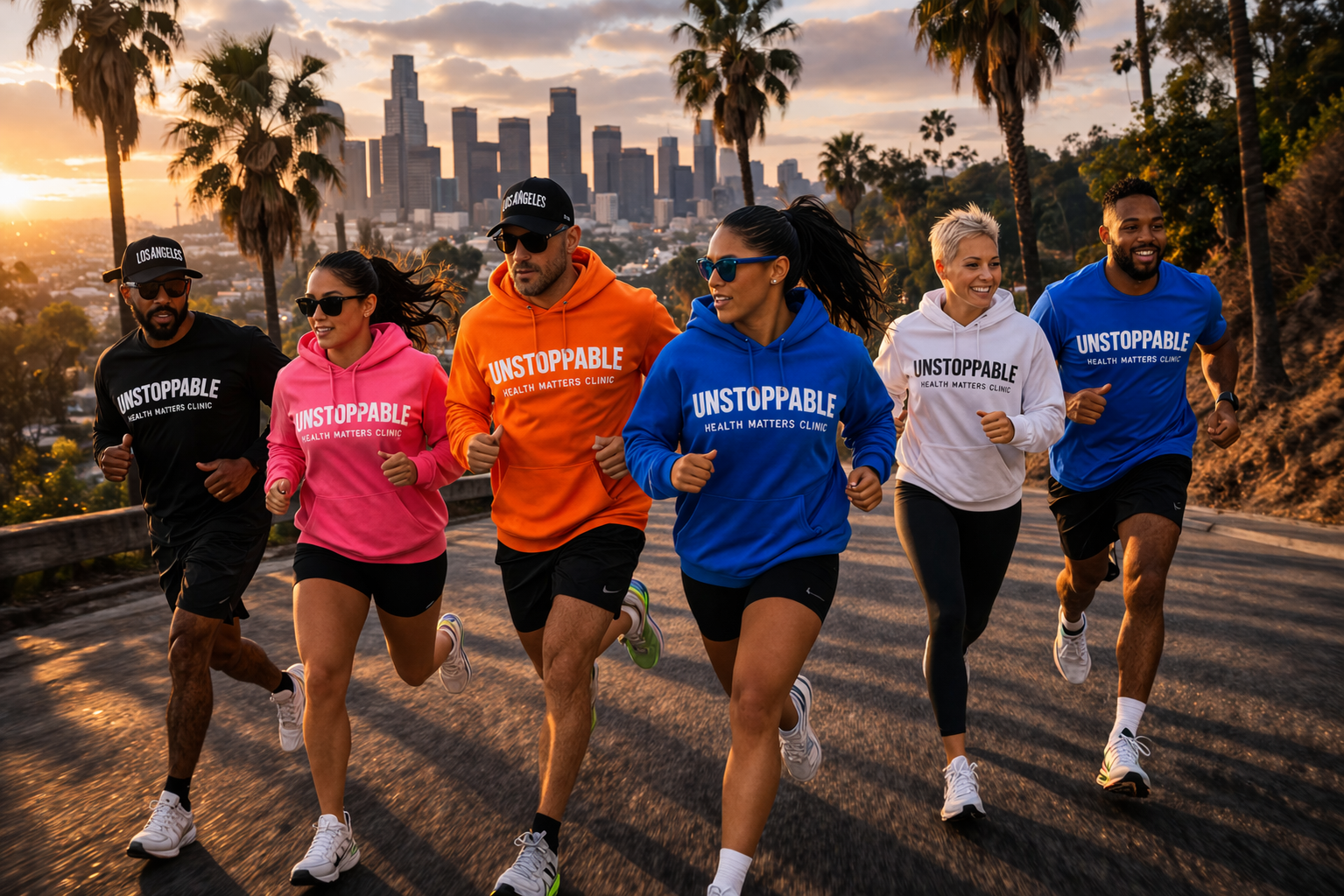 Team Unstoppable running crew with Los Angeles skyline at golden hour — Health Matters Clinic Take Action LA