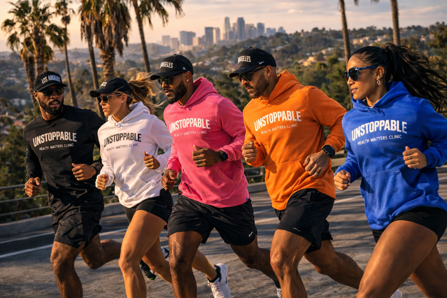 Team Unstoppable running with LA skyline — Health Matters Clinic Take Action LA Mental Health Awareness Month 2026